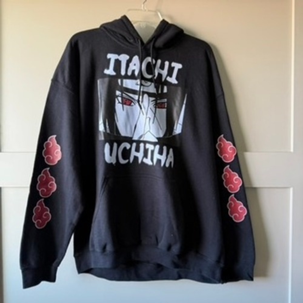 Gildan Naruto Itachi Uchiha Hoodie Mens L Black Akatsuki Cloud Graphic Pullover